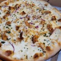 Seafood Alfredo Pizza · Sauteed shrimp, crab meat onions and diced tomatoes in our Old Bay spiced Alfredo sauce, top...
