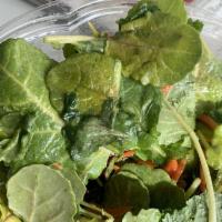 Kale Salad · organic kale, organic carrots, crispy chickpeas, cranberries, pepitas with lemon mustard vin...