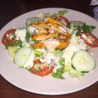 Buffalo Chicken Salad · Fresh greens, tomatoes, cucumbers, pepperoncini and red onions.  Topped with grilled buffalo...