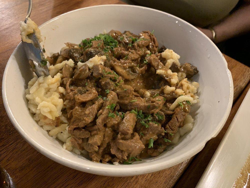 Beef Stroganoff · Braised beef sauteed with mushrooms, onions in a cream sauce. Served over spätzle.