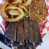 2 Meat Platter · 2/3 lb. of meat, 2 small sides, pickles and corn muffin top with butter.