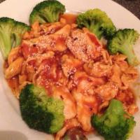Sesame Chicken · Hot. White-meat chicken slices sauteed in mild sweet and spicy sauce. Sprinkled with importe...
