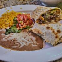 California Burrito · Stuffed with french fries, guacamole, cheese, pico de gallo, and sour cream and choice of ch...