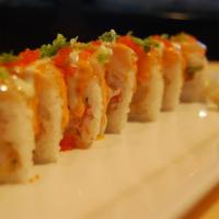 Taylor Roll · Raw. Tempura shrimp, cucumber and crab in soy paper, topped with scallops, wasabi and spicy ...