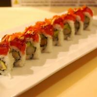 Playboy Roll · Raw. Shrimp tempura, avocado roll topped with tuna, eel sauce, spicy mayo and tobiko.