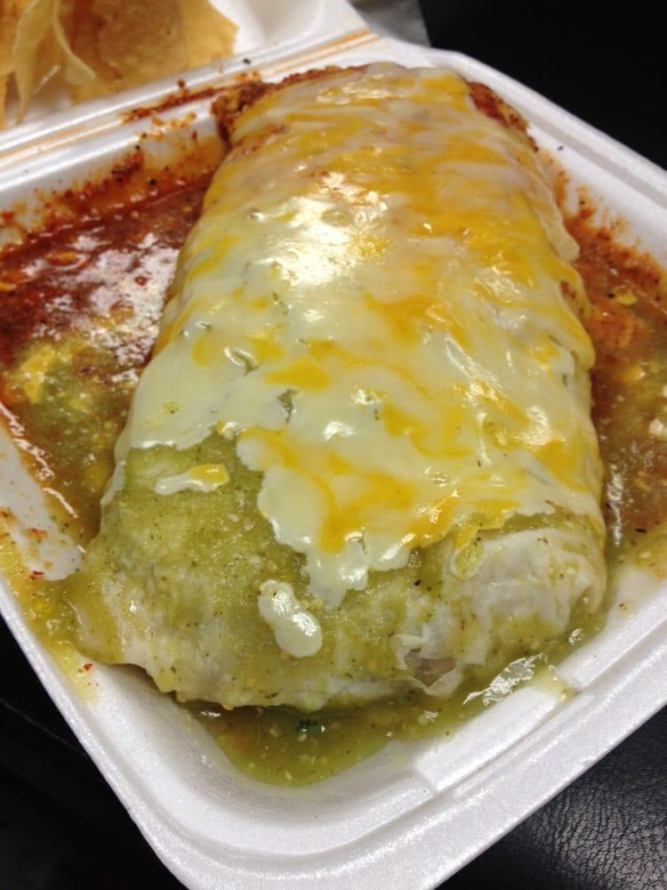 Wet Burrito · Choice of meat, rice beans, onions, cilantro, salsa, guacamole sauce, melted cheese. Choice of mild, medium  or spicy 