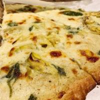 Artichoke Pizza Pie · Artichoke hearts, spinach, cream sauce, mozzarella and pecorino Romano cheese.