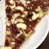 Staten Island Slice · Meatballs, cooked tomato sauce, red onions and ricotta cheese.