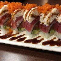 Golden Gate Roll · In: salmon and avocado. Out: tuna, crab and tobiko.