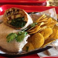 Gulf Coaster Burrito · Seasoned gulf shrimp, beans and rice, bacon, caramelized onion, baby spinach, cheddar and Ja...