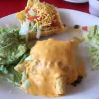 Deluxe Dinner · 1 enchilada, tamale, bean tostada, taco, chile con queso tostada, guacamole.