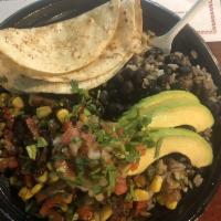 Veggie Bowl · Rice, black beans, saute mushrooms, peppers, onions, pico de gallo, guacamole, drizzle with ...