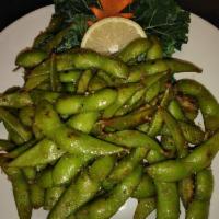 Garlic Lime Edamame · Steamed soybeans tossed with garlic and lime juice.