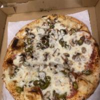 Bronx Bomber Pizza · Pepperoni, Italian sausage, mushrooms, jalapeños, fresh garlic, whole-milk mozzarella, house...