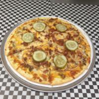 Bacon Cheeseburger Pizza · Yellow mustard, cheddar cheese mix, ground beef, bacon, onions and pickle.