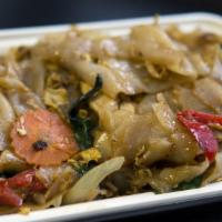 Drunken Noodles · Kee mao. Sauteed flat noodles with egg, onions, bell peppers, carrot, basil and chili paste....