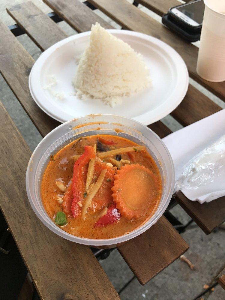 Red Curry · Coconut curry, eggplants, string beans, bell peppers, bamboo shoots and basil leaves. Served with jasmine rice. Spicy.