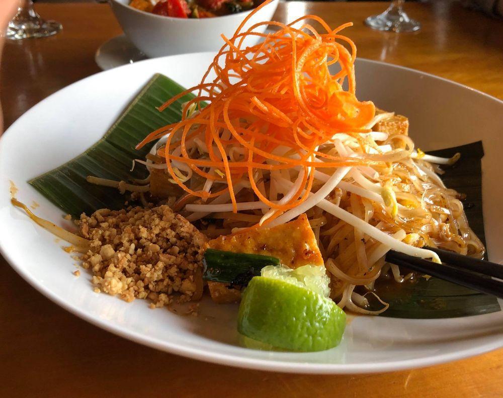Pad Thai · Traditional Thai noodles with chicken or beef stir fried with garlic, onion, bell peppers, chili and basil.