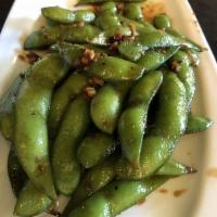 Spicy Edamame · Stir-fried soy beans in garlic sauce with toasted chili.
