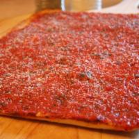 Tomato Pie Pizza · Homemade tomato pie sauce, olive oil, oven roasted garlic, Romano and oregano. Great hot or ...