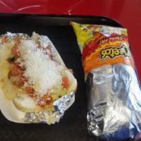 Hot Cheeto Burrito · CARNE ASADA, Hot Cheetos, Beans, Rice, grilled onions, Nacho Cheese, lettuce, tomato, sour c...