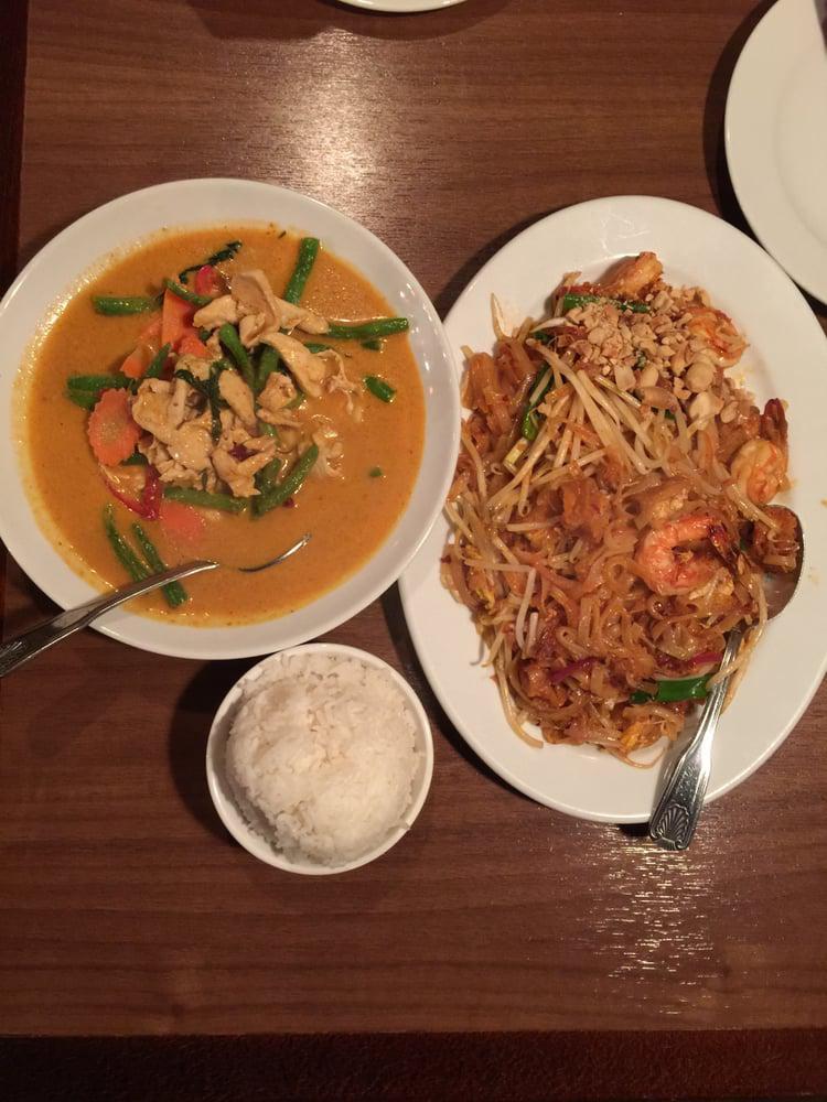 Panang Curry · Bell peppers, green beans and sweet basil in red panang curry sauce. Served with a bowl of rice.