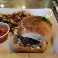 Aloha Burger · 100% fresh grass-finished beef, caramelized red onions, mozzarella, and cut in house (not ca...