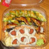 Dragon Roll · Tempura prawn roll topped with unagi and avocado.