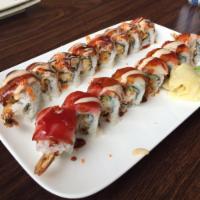 Linda Mar Roll · Spicy tuna, shrimp tempura topped with unagi and chef special sauce.