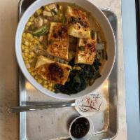 Tofu Noodle Soup · Bean sprout, carrot, zuccini, egg plant, mushroom, radish salad and tofu. Vegetarian.