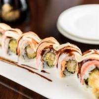 Shaggy Dog Roll · Shrimp tempura inside, topped with shredded crab meat, Japanese mayo, spicy mayo and eel sau...