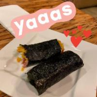 Spam Roll · Sliced fried spam, rice, cucumber and spicy mayo rolled in a seaweed wrapper.