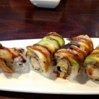 Angry Dragon Roll · Shrimp tempura topped with eel, avocado and eel sauce.