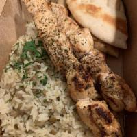Chicken Souvlaki Platter · Toasted pita, choice of spread and side.