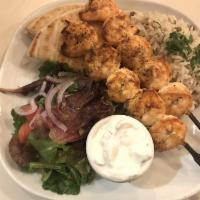 Shrimp Platter · Toasted pita, choice of spread and side.
