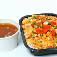 Poke Bake · Your choice of salmon, scallop, or chicken mixed with: shrimp, crab salad, masago, green oni...