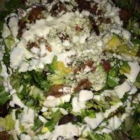 Cobb Salad · Chopped lettuce, tomato, avocado, crumbled blue cheese, hard boiled egg, bacon and your choi...