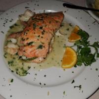 Stuffed Salmon Special · Stuffed filet of salmon with spinach and shrimp in green sauce.
