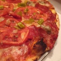 Chief Justice Pizza · Sausage, pepperoni, tomato, garlic, and pepperoncini peppers.