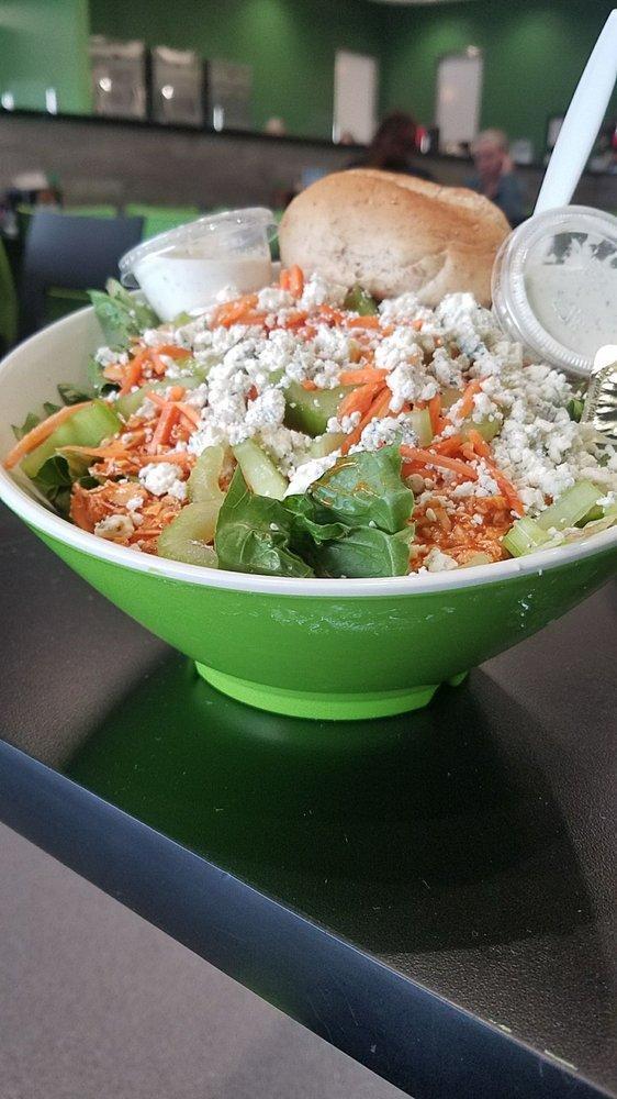 Grilled Buffalo Chicken Salad · Spicy grilled chicken breast marinated in our own Buffalo sauce. Mixed with bleu cheese dressing, shredded carrots, celery and chunks of bleu cheese.