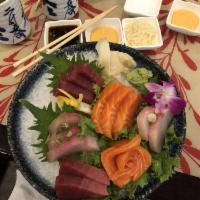 Tri Color Sashimi · Tuna salmon and yellow tail. Served with soup or salad.