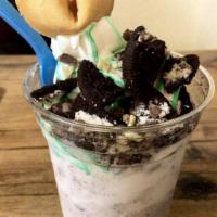 Crater Lake · Vanilla soft serve, cookies and creme crumble, andes mints, chocolate chips, cool mint flavo...