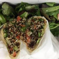 Quinoa Wrap · Chickpeas, red and green pepper, carrots, cucumber, lettuce, red onion, sliced almonds, sun-...
