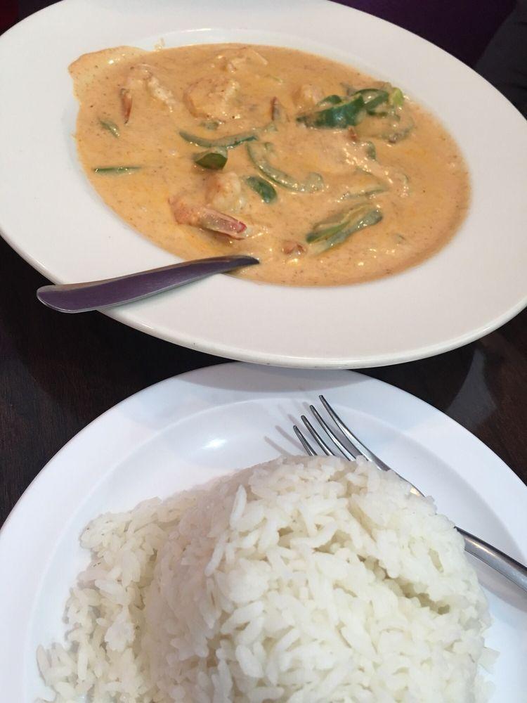 Panang Curry · Thai panang curry with coconut milk, peanut sauce, bell pepper, and basil served with steamed rice.