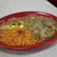 Chile Verde · Chunks of pork cooked in our mild salsa verde.