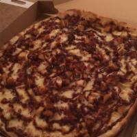 BBQ Chicken Pizza · Chicken cutlet, KC Masterpiece sauce, bacon and mozzarella cheese.