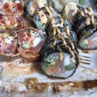 Stone Mountain Roll · Tempura fried style with crab stick, avocado, asparagus, salmon, tuna, shrimp and white fish...