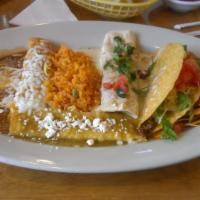 Super Combo · Carnitas mini burrito, chicken enchilada, crispy or soft beef taco, and cheese enchilada ser...