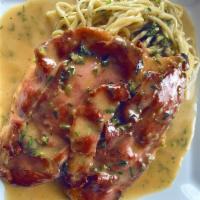 Chicken Saltimbocca · Sautéed chicken breast, crusted with prosciutto and fresh sage, lemon butter sauce, house-ma...