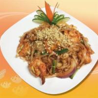 R4. Pad Thai · Stir-fried rice stick noodle with egg, scallion, and onion in spicy Thai sauce. Topped with ...